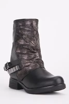 £12.99 • Buy Black Ladies Size 4/37 Contrast Metallic Mock Croc Chunky Low Heel Biker Boots