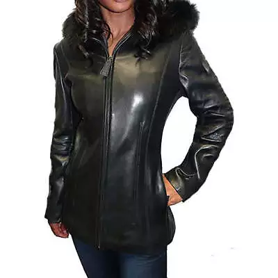 Mason & Cooper Women's Fox Trim Hooded Leather Jacket • $219.99