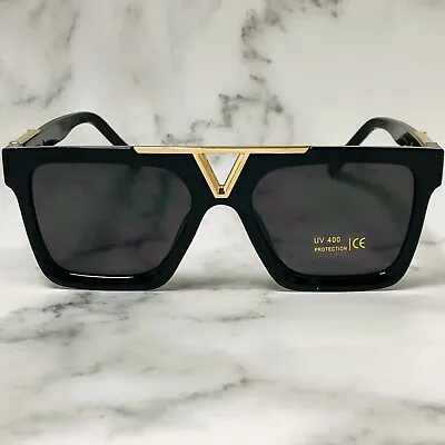 Sunglasses Men Designer Fashion Gold Metal Bar Dark Black Lens Retro Classic NEW • $14.99