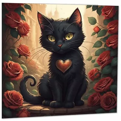 Black Cat Heart Valentines Card Roses Cute Cat Card 145mm X 145mm • £2.99