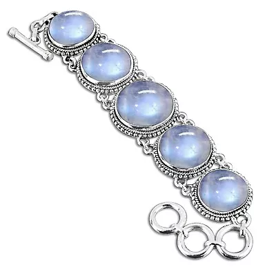 Natural Rainbow Moonstone Adjustable Bracelet 925 Sterling Silver Size 8.5  Gift • $43.88