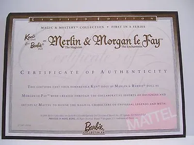 Mattel Merlin & Morgan Le Fay Barbie Ken Certificate Of Authenticity Coa Only • $3.59