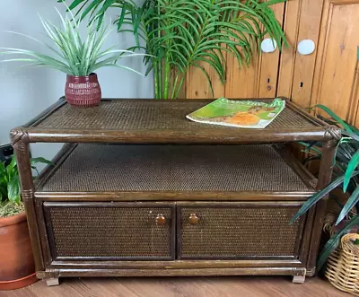 £39.99 • Buy Vintage Dark Bamboo & Rattan Media Unit Side Board Coffee Table With Cupboards