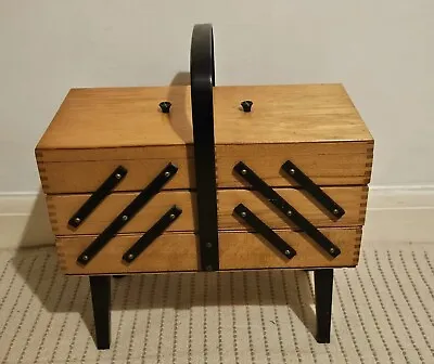 Vintage Wooden 3 Tier Cantilever Sewing Box Basket With Legs Storage Old Design • £43.99