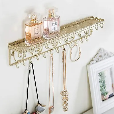 Gold-Tone Metal Wall-Mounted Jewelry & Cosmetics Display Shelf W/ Necklace Hooks • $25.99