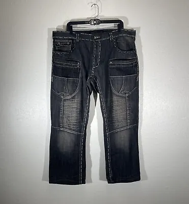 Y2K Victorious Urban Couture Jeans Mens 40x33 Black Denim Baggy Rhinestones • $67.96
