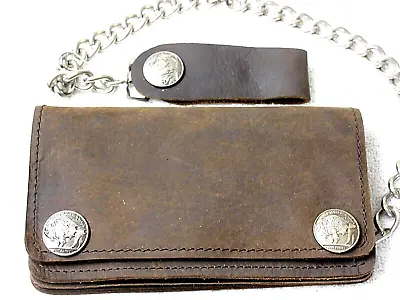 Buffalo Nickel Men's Chocolate Brown Leather Trucker Biker Snap Chain Wallet NEW • $39.99