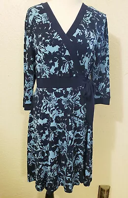 AA Studio AA Blue Floral V-Neck Long Sleeve Dress - Women's Petite Size 14 • $11.98