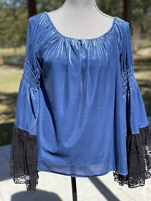 New Marrika Nakk One Sized Denim Blue Velvet Lace Peasant Top • $99