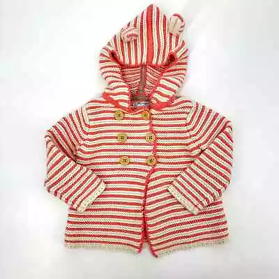 Mini Boden Pink White Knit Cardigan Hooded Sweater Baby Size 18-24 Months • $13.99