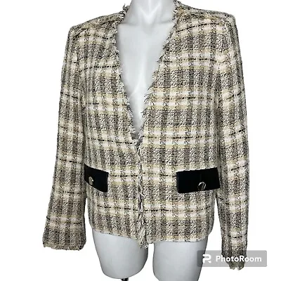 NEW ZARA Tan Black Plaid Boucle Tweed Gold Faux Leather Jacket XS Fray Trim NWT • $29