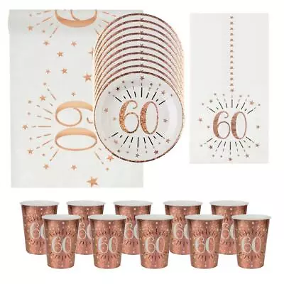 Rose Gold 60th Birthday Partyware | Napkins Plates Cups Table Runner Sparkle • £6.50