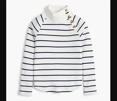 J Crew Women Small White Navy Blue Striped Wide Button Collar Sweatshirt • $19.99