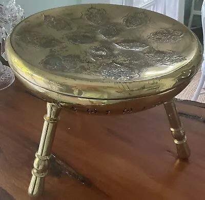 Vintage Middle Eastern Hammered/Stamped Brass 3-legged Foot Warmer Stool • $99.99