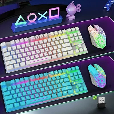 $12.73 • Buy Gaming Keyboard And Mouse Wireless Rechargeable 87 Keys Rainbow LED Computer PC