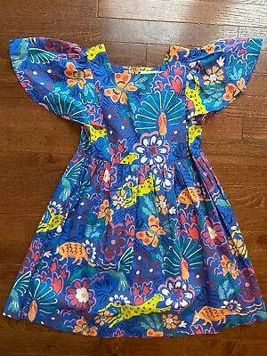 Mini Boden  Blue Cotton Animal Print Dress 9-10 Peacock Cheetah Armadillo • $24