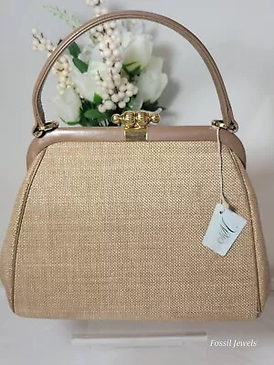 Vintage Mid-Century MM  Tan Cloth Handbag With Gold Tone Clasp • $34.90