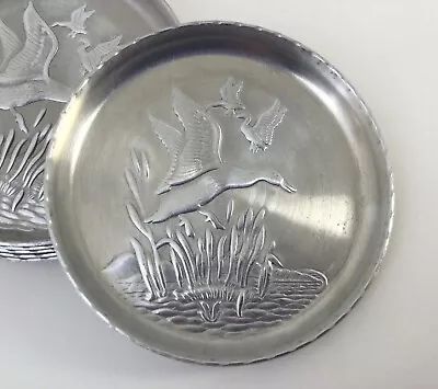 VTG Hammered Aluminum Duck Goose Bird Pattern Silver Coaster Set Of 6 • $13.79