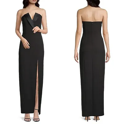 NEW AIDAN MATTOX Black TUXEDO Detail CREPE Strapless COLUMN Evening Dress GOWN 6 • $96.99