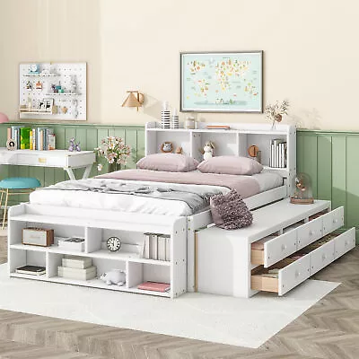 Wooden Full Size Bed Frame W/ Bookcase Storage Headboard And Drawers/Case White • $583.99