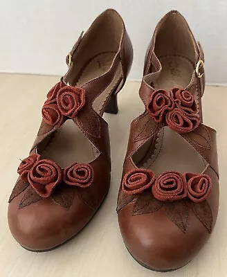 Anthropologie Miss Albright Brown Leather Red Suede Rosettes Heels Size 7 1940's • $45