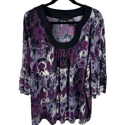 Maggie Barnes Stretchy Blouse Top Size 1X Purple Print 3/4 Bell Sleeves • $14.99