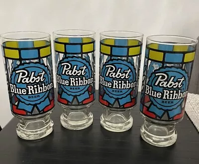 Vintage 4 Pabst Blue Ribbon Beer 14 Ounce Bar Glass Stained Glass Look PBR • $35