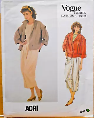 Vintage Vogue Pattern 2953 American Designer Adri Sz 10 Jacket Pants Uncut FF • $19.99