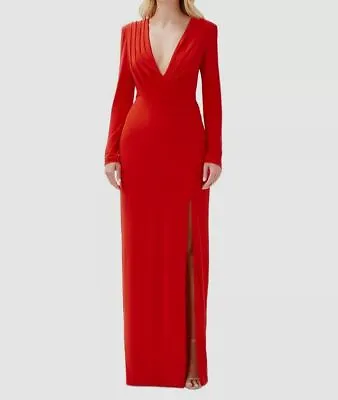 $275 Aidan Mattox Women Red Plunge Neck Slit Leg Gown Dress Size 8 • $77.18