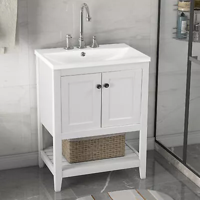 24 White Modern Bathroom Vanity Elegant Ceramic Sink With Frame Open Style Shelf • $287.89