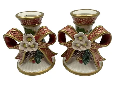 Fitz And Floyd Vintage Christmas Pinecone And Ribbon Candlesticks Set Of 2 • $31