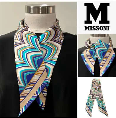 MISSONI Italy Silk Twill BlueGreenTan Combo Zig Zag Stripe Narrow SCARF 8x86cm • $149