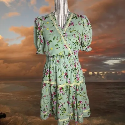 NWOT Taylor LoveShackFancy Size 6 Green Floral Lace Preppy Puff Sleeve Dress • $45