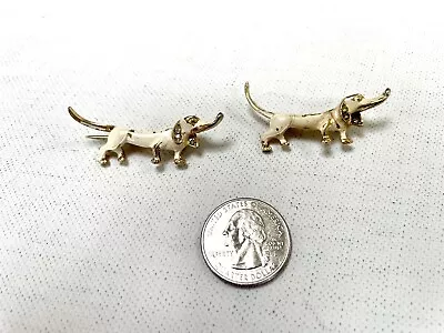 2 Vintage Gold Tone White Enamel Wiener Dachshund Dog Rhinestones Pin Brooch • $11.99