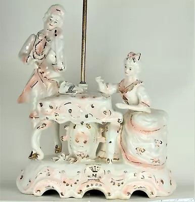 Victorian Porcelain Table Lamp Marked Capodimonte Woman W/Piano & Man W/Violin • $1380.69