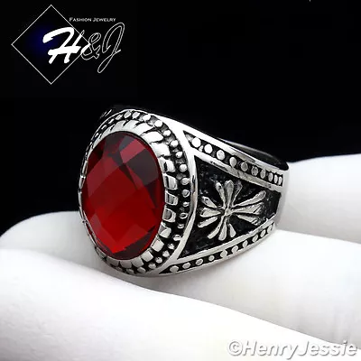 MEN's Stainless Steel Silver/Black Plated Simulated Oval Ruby Vintage Ring*R88 • $15.99