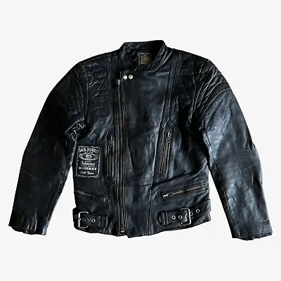 Vintage 90s Jack Daniels Whiskey Black Leather Biker Jacket Motorcycle Punk Goth • £115