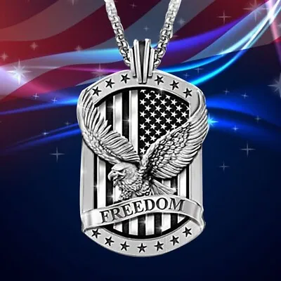 Mens Silver Bald Eagle W. American Flag Pendant Necklace Punk Rock Jewelry 24  • $7.99