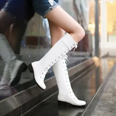 Women's Lace Up Knee High Boots Gothic Riding Knight Flat Heels Round Toe Shoes • $51