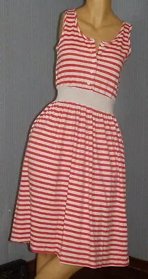 Vintage 80's Red & White STRIPED Sundress Tank Dress Pockets M L Half Button • $25