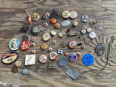 Rare Vintage Antique Junk Drawer Lot Military WW2 Dog Tags Pins Pinback Buttons • $12.10