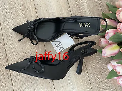 Zara New Woman Bow Shimmery Mid-heel Slingback Shoes Black 35-42 2228/810  • $94.77