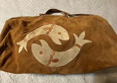 IDEAL Vintage Brown Suede XL  Unconstructed Tote Bag W/ Boho Pisces Fish Design • $29.99