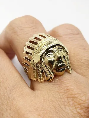 £327.33 • Buy Mens Ring 10K Solid Yellow Gold Diamond Cut Indian Chief Head Ring 6.8 Grams