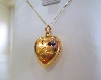 Antique 15ct Gold Heart Locket Old Cut Ruby Diamond & Sapphire Pendant Necklace • £275