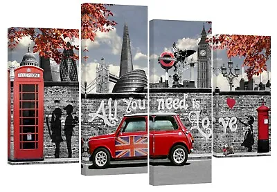 Banksy London All You Need Is Love Mini Cooper / Set Of 4 Canvas Split Prints • £99.99