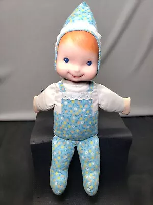 Vintage 1980 Fisher Price Baby Bobbie Cloth Doll Blue Flowers Hood • $29.99