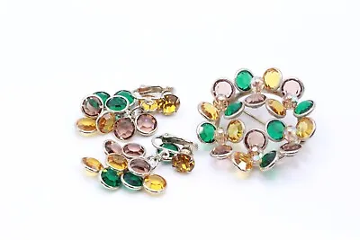 VTG Emerald Citrine Glass Bezel Set Dangle Brooch Earrings Set • $49