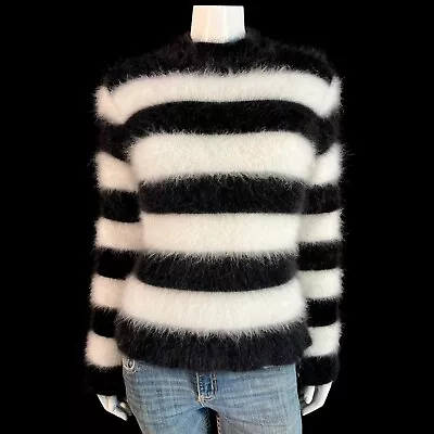 80% Angora Fuzzy Vintage Black & White Stripe Pullover Sweater 34 In Bust • $199.99