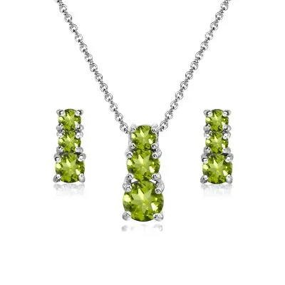 Round Graduating Three Stone Peridot 925 Silver Stud Earrings & Necklace Set • $29.99